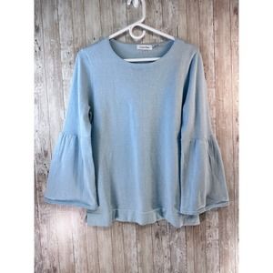 Calvin Klein Womens Top Medium‎ Pale Blue Silver Metallic Bell Sleeve Casual